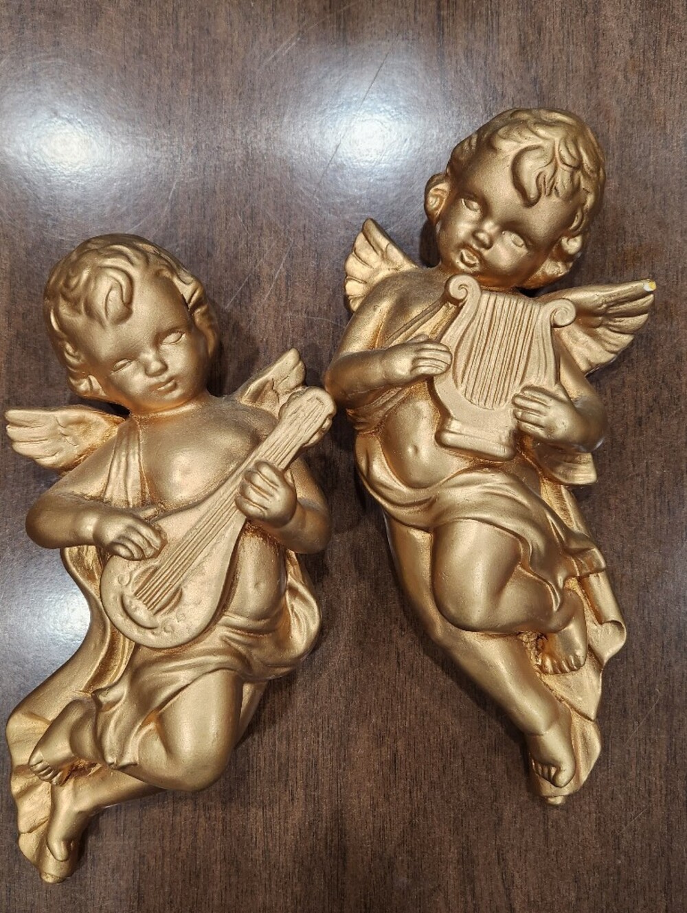 Vintage Gold Cherub Wall Plaques - Pair of Musical Angel Decor Chalkware